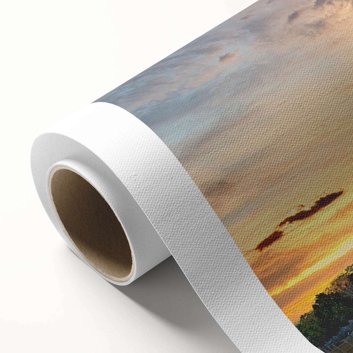 Art deco poster featuring a serene Belize landscape with muted green and blue tones on rolled canvas.