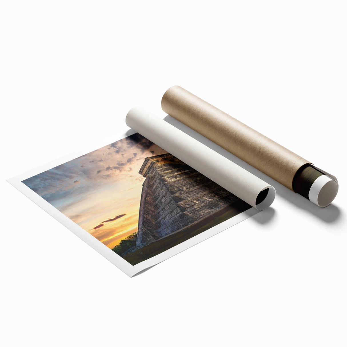 Extra large rolled print of a Central American scenery with vivid green and blue floral elements.
