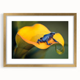 Extra large abstract art print of a Costa Rican landscape in vibrant greens and blues, framed in gold.