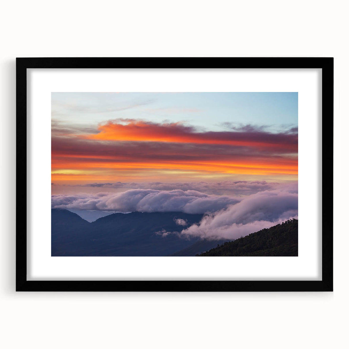 Extra large abstract art print of a vibrant Central American landscape on textured canvas, framed in black.
