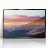 Mid-century modernist acrylic print of Central American scenery in muted earth tones, framed in gold.