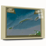 Large abstract wall art of a Honduran landscape in vibrant greens and blues on acrylic glass.