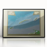 Large abstract wall art featuring a vibrant, multicolored depiction of Central American scenery on a black framed acrylic.
