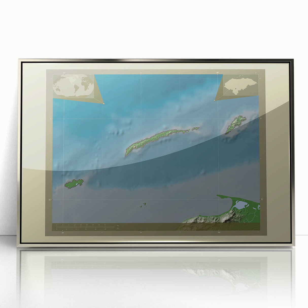 Mid-century modernist art depicting a serene Central American landscape in a silver framed acrylic.