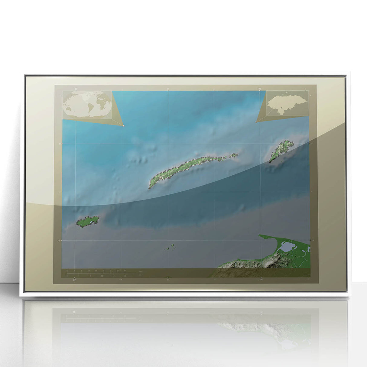Art deco poster of a Central American scenery in muted earth tones, framed acrylic, ideal for modern nursery wall decor.