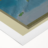 Art deco poster of a Central American scenery in muted earth tones on rolled canvas, suitable for dining room wall art.