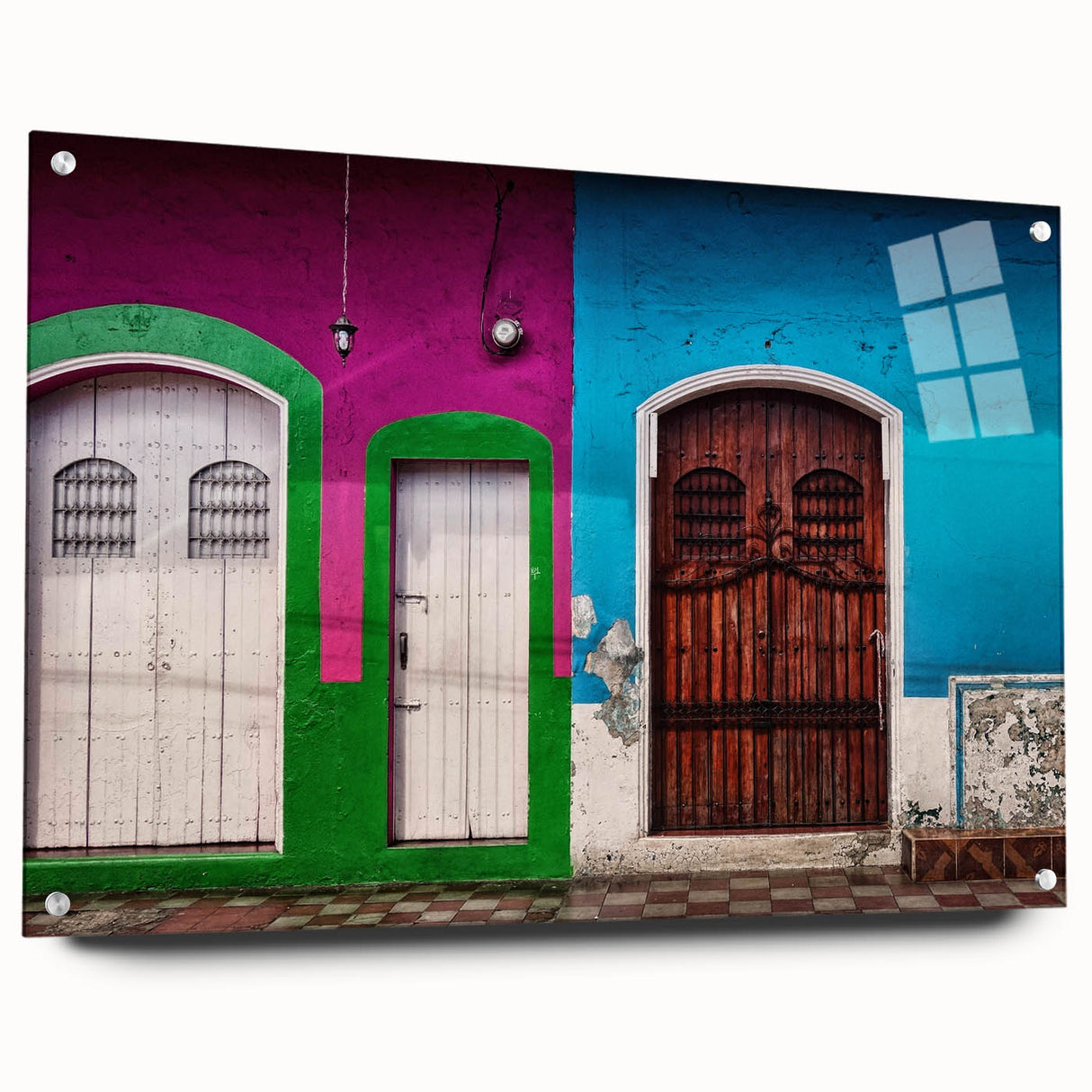 Large abstract wall art of Central American scenery in muted earth tones on acrylic glass.