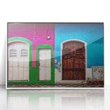 Acrylic print of a Central American landscape in art deco style, featuring muted earth tones.