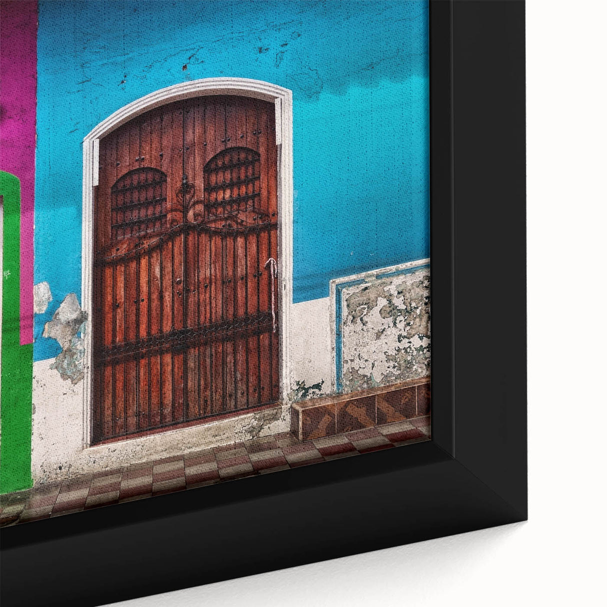 Extra large framed canvas featuring a textured, colorful art depiction of a Central American scenery.