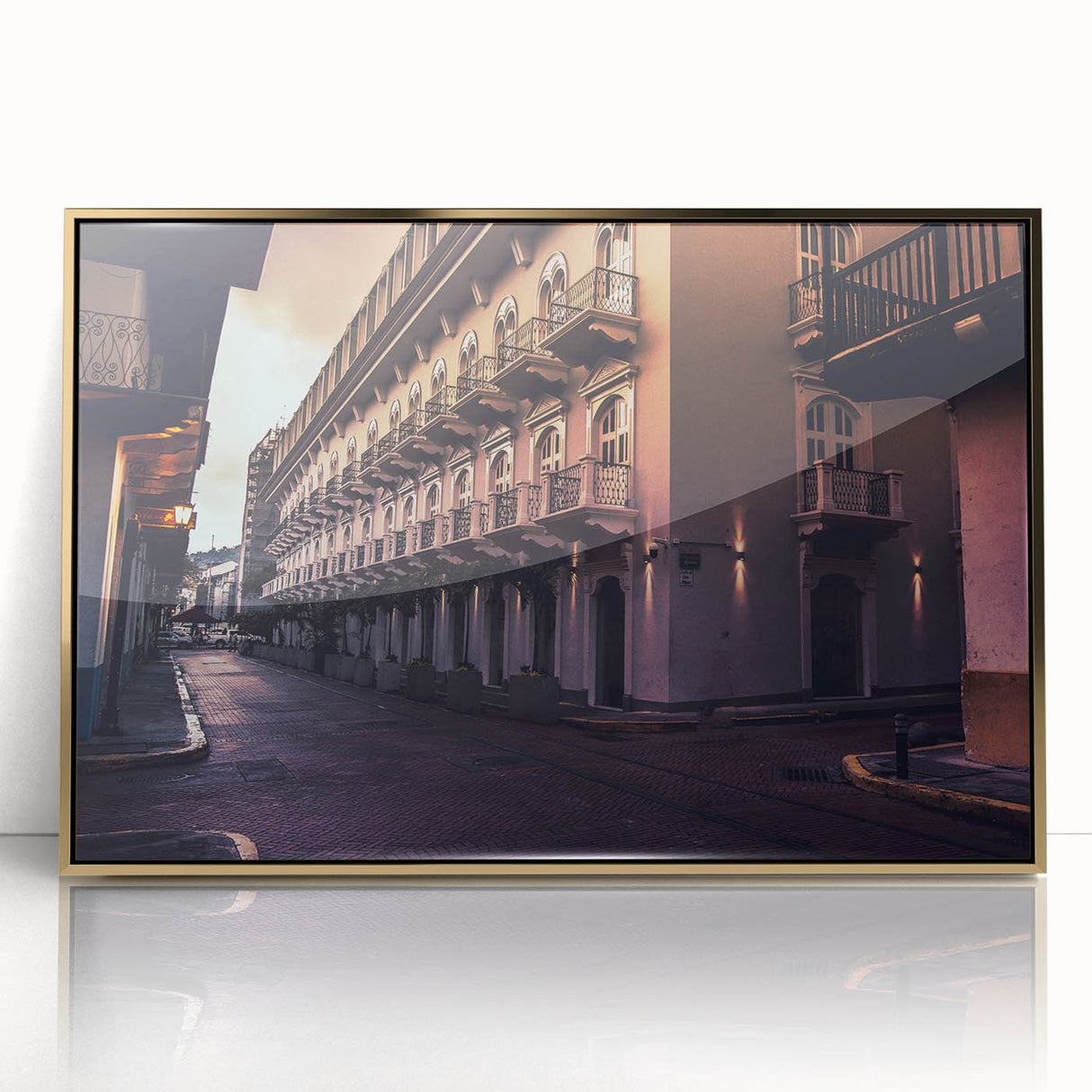 Framed acrylic print of a mid-century modernist Central American landscape in earth tones, ideal for modern art wall decor.