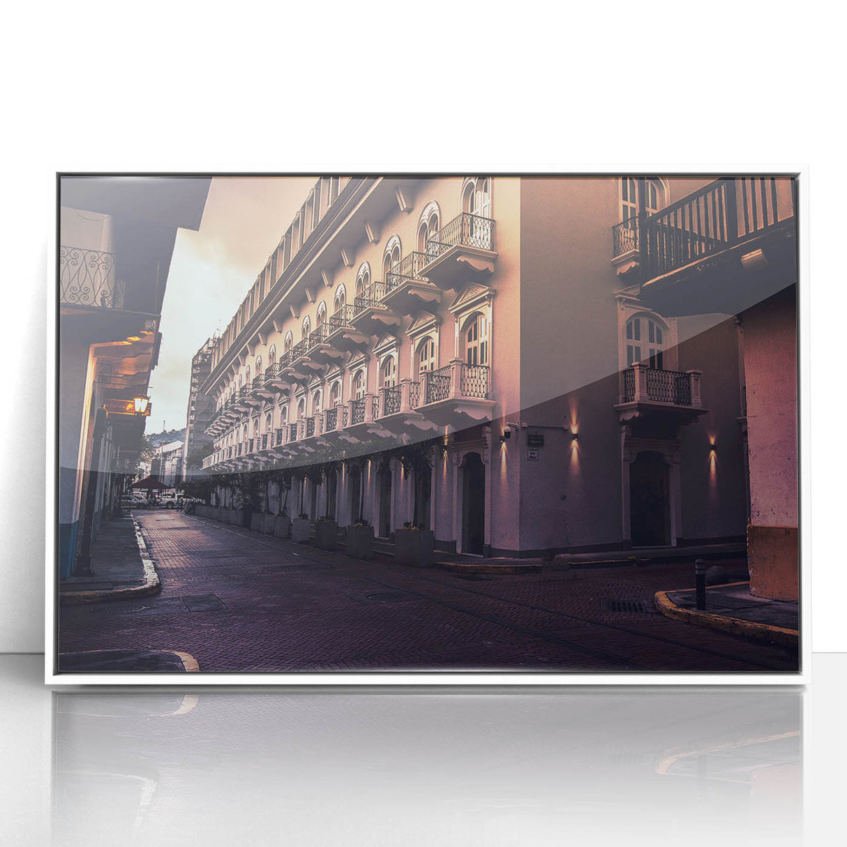 Art deco poster of Panama scenery in muted blue and white tones, acrylic print framed, ideal for modern nursery wall art.