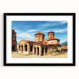 Extra large abstract art print depicting a colorful, textured European scenery on a framed black mat.