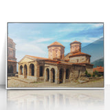 Mid-century modernist art featuring a serene Albanian landscape in soft pastel hues on a framed acrylic.