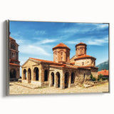 Framed canvas depicting a vintage-style Albanian landscape with colorful art elements, ideal for enhancing living room decor.