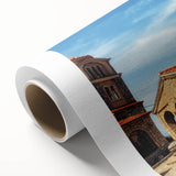 Art Deco-style poster of a European scenery in Albania on rolled canvas, suitable as nursery wall art or dining room decor.