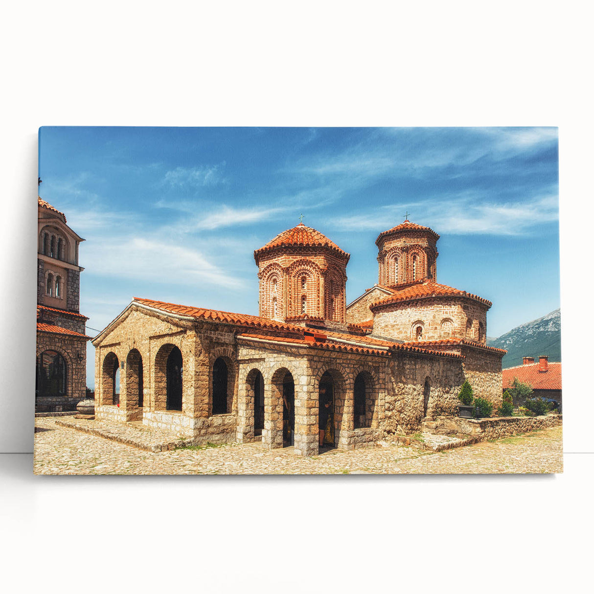 Large black and white photo of an Albanian landscape on stretched canvas, ideal for kitchen wall art.
