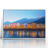 Mid-century modernist art depicting a serene Austrian landscape on a framed acrylic, with muted earth tones.