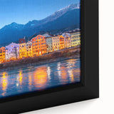 Close-up of a black canvas featuring a textured, colorful Austrian landscape, ideal for living room decor.