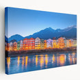 Large art print of a European Austrian landscape on stretched canvas, featuring muted green and blue tones.