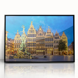 Large abstract wall art featuring a mid-century modernist European scenery in muted earth tones, framed in black acrylic.