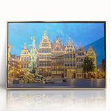 Art deco poster of a European scenery in Belgium, featuring muted gold and brown tones on a framed acrylic.