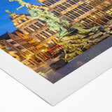 Art deco poster of a European Belgian landscape in muted earth tones on rolled canvas, ideal for dining room decor.