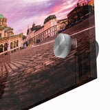 Large abstract wall art print of a European landscape on acrylic glass, with muted earth tones.