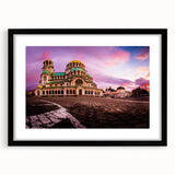 Extra large abstract art print featuring colorful, textured scenery of Bulgarian landscape on a framed black mat.