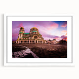 Textured abstract art print of a European scenery in muted earth tones on a white framed canvas, suitable for bedroom decor.