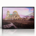 Large abstract wall art depicting a European Bulgarian scenery in muted earth tones, framed in black acrylic.