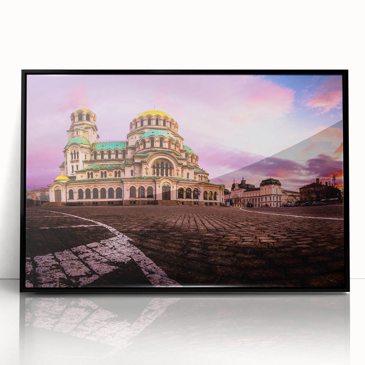 Large abstract wall art depicting a European Bulgarian scenery in muted earth tones, framed in black acrylic.