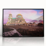 Large abstract wall art depicting a European Bulgarian scenery in muted earth tones, framed in black acrylic.