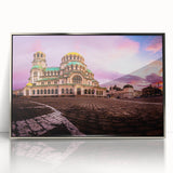 Mid-century modernist acrylic print of a European Bulgarian landscape in soft pastels, ideal for nursery wall art.