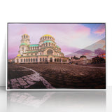 Mid-century modernist art depicting a serene Bulgarian landscape, in muted earth tones on a framed acrylic.