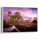 Vintage poster art of a European Bulgarian scenery on a framed canvas, featuring a colorful palette.