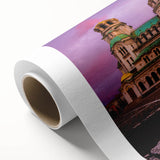 Art Deco poster of a European scenery in muted pastel shades on rolled canvas, ideal for nursery wall art.