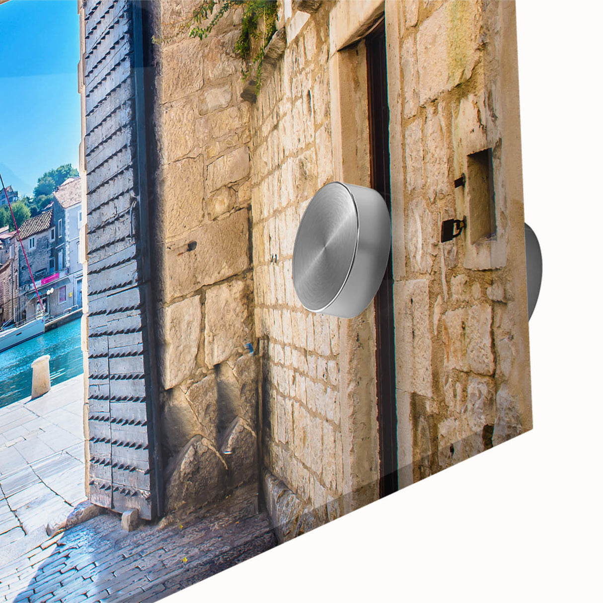 Large abstract wall art of a Croatian landscape on acrylic glass, in muted earth tones, ideal for dining room ambiance.