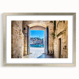 Extra large abstract art print of a textured European scenery in silver frame, ideal for living room decor.
