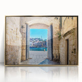 Acrylic print of a European coastal scene in art deco style, with gold frame, ideal for modern art wall decor.