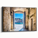 Black and white framed canvas of a vintage Croatian landscape, ideal for bedroom wall decor.