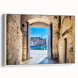 Vintage poster art of a Croatian landscape on framed canvas, featuring vibrant colors, ideal for living room decor.