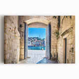 Black and white photo of a Croatian coastal town on stretched canvas, ideal for kitchen wall art.