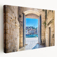Large canvas print depicting the scenic Croatian coastline in muted blue and green tones, suitable for kitchen wall art.