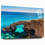 Acrylic print of a European Cyprus landscape in muted earth tones, ideal for dining room decor.