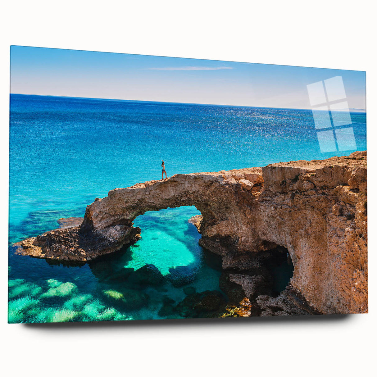 Large abstract wall art depicting a European Cyprus landscape in muted earth tones on acrylic glass.