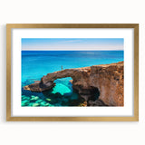 Abstract art print of a European Cyprus landscape in muted earth tones, framed in gold, ideal for dining room decor.