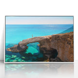 Framed acrylic print of a European Cyprus landscape in mid-century modernist style, featuring muted earth tones.