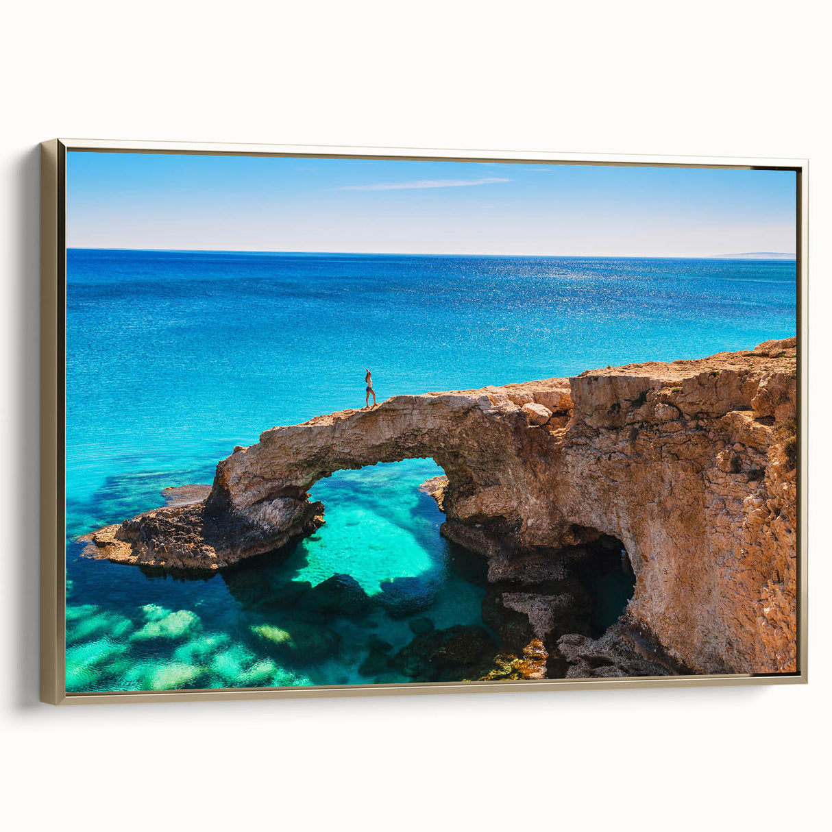 Framed canvas depicting a vintage-style landscape of Cyprus, with muted earth tones, ideal for bedroom wall art.