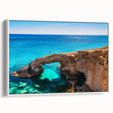 Vintage poster art of a European Cyprus landscape on extra-large framed canvas, featuring vibrant colors.