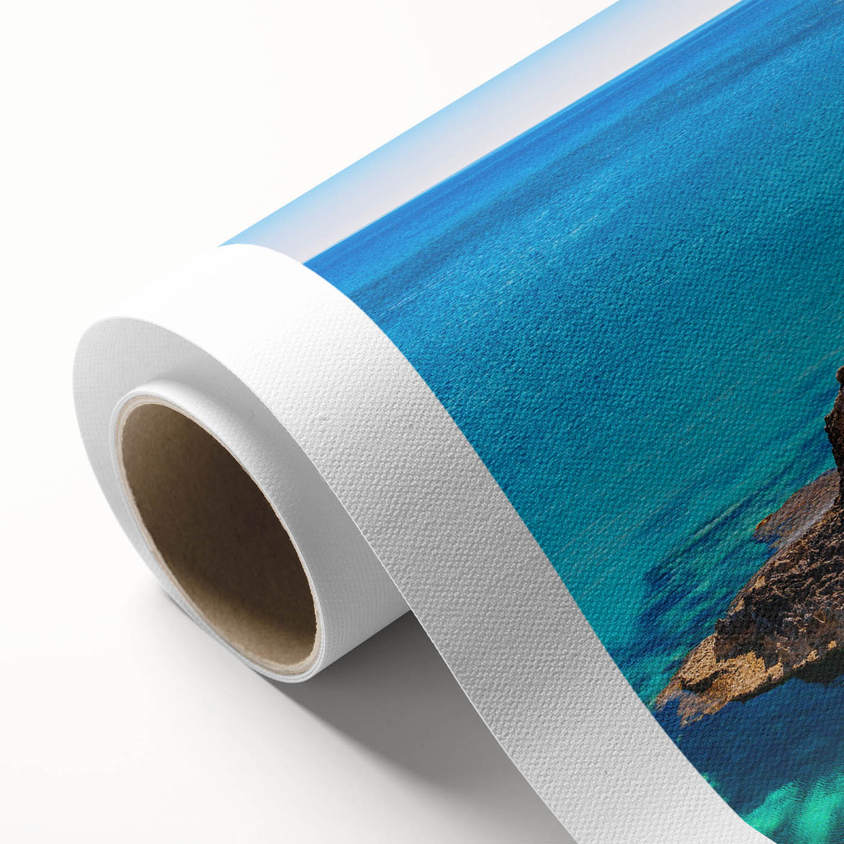 Art Deco style poster of a Cyprus landscape on rolled canvas, featuring pastel shades, ideal for nursery wall art.